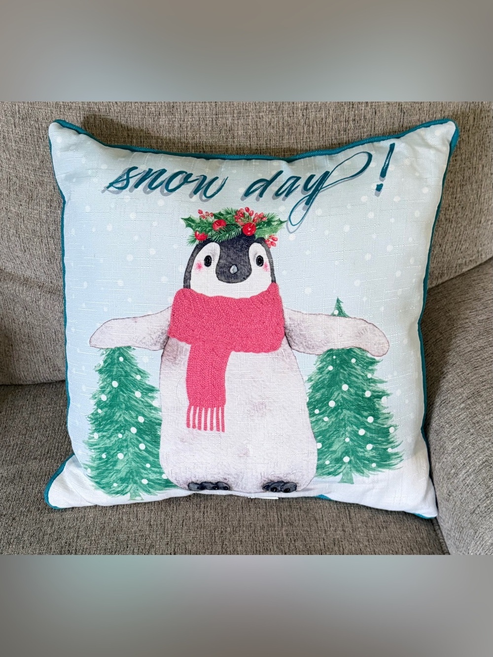 Source Unknown Snow Day Penguin Holiday Throw Pillow - Teal/Red/Pink